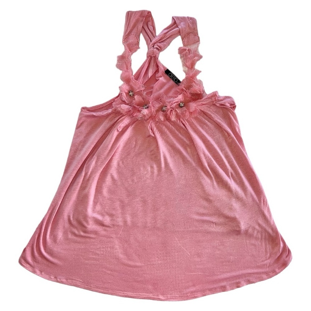 Deb Y2K Rose Pink Flower Jewels Bling Ruffles Racerback Tank Top Women’s Small